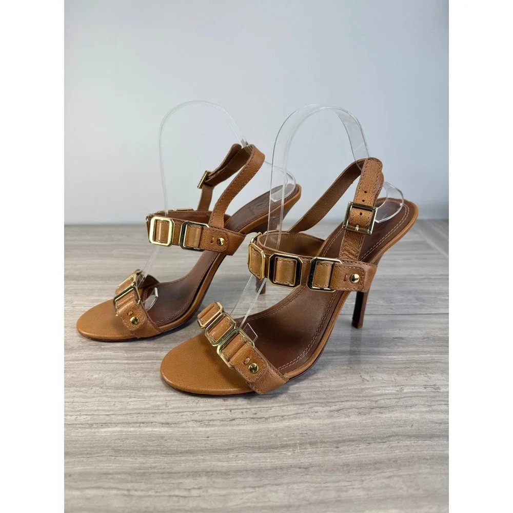 Tory Burch Heeled Sandals Gladiator Strappy Buckle Tan Leather Luxe Glam 10.5